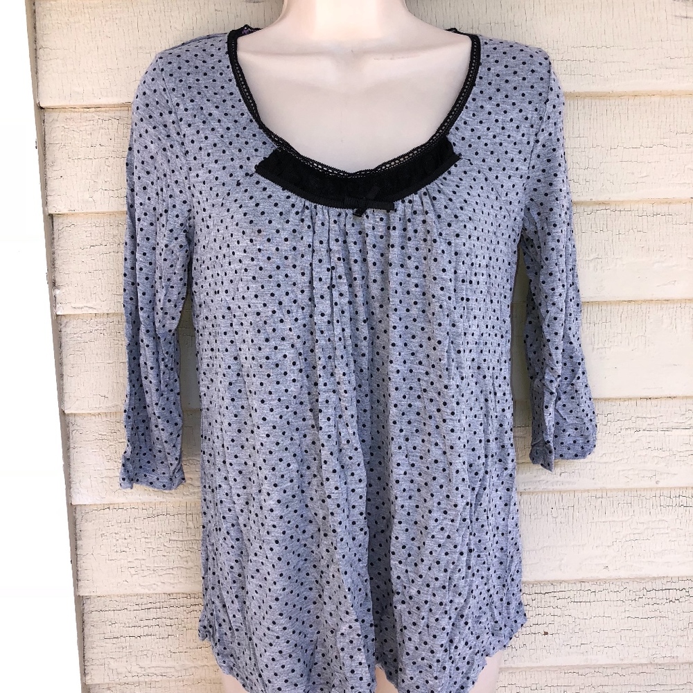 KENSIE gray dot 3/4 sl knit top w/black/gathered